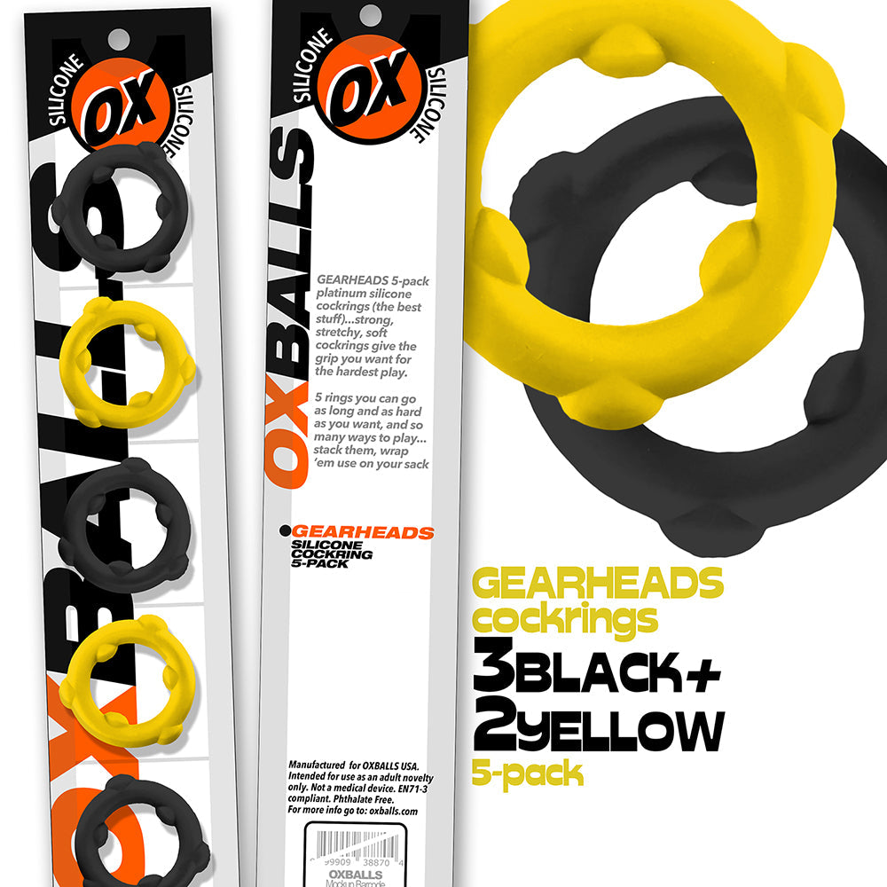 Oxballs Gearheads 5-Pack Cock Ring Set - Yellow/Black